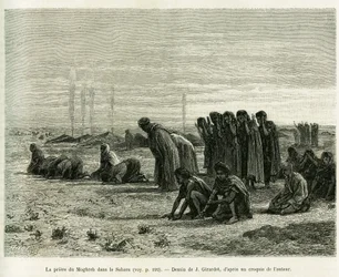 Maghreb-bønnen i Sahara. Gravering av J. Girardet, som illustrasjon til fortellingen Fem måneder hos de nomadiske maurerne i Vest-Sahara av Camille Douls, 1887, i Le Tour du monde 1888, under ledelse av Édouard Charton (1807-1890), Hachette, Paris