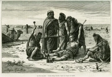 Jernene på føttene. Gravering av Eugène Girardet, til illustrasjon av fortellingen Fem måneder hos de nomadiske maurerne i Vest-Sahara, i 1887, av Camille Douls, i Le Tour du monde 1888, under ledelse av Édouard Charton (1807-1890), Hachette, Paris.