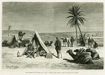 Reiseleir i nærheten av Tozeur. Gravering av Eugene Girardet for å illustrere historien Voyage en Tunisie, av R.Cagnat og H.Saladin, i le tour du monde 1886, regissert av Edouard Charton (1807-1890), Hachette, Paris.