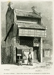Et Monkay-hus. Gravering av Eugene Burnand, for å illustrere historien Sur les frontières du Tonkin, av doktor P.Neiss, i le tour du monde 1888, regissert av Edouard Charton (1807-1890), Hachette, Paris.