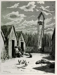 Misjonærplassen i Meuong Ngan. Gravering av Eugene Burnand, for å illustrere historien "Reise i Øvre Laos", i 1880, av Dr. P.Neis. Publisert i Le Tour du monde, nouveau journal des voyages, 2. semester 1885, redigert av Edouard Charton (1807-1890), red.