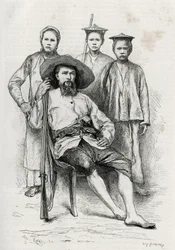 Portrett av forfatteren, omgir hans reisefølge. Gravering av Eugene Burnand, for å illustrere historien "Reise i Øvre Laos", i 1880, av Dr. P.Neis. Publisert i Le Tour du monde, nouveau journal des voyages, 2. semester 1885, redigert av Edou