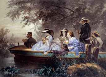 En søndag med familien, fiske i elven Litografi av Eugene Guerard (1821-1866) Paris fra 1800-tallet, Musee Carnavalet