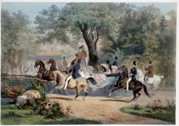 Promenadescene ved Le Pre Catelan (Pre-Catelan) i Paris Litografi av Eugene Guerard (1821-1866) Paris fra 1800-tallet, Musee Carnavalet