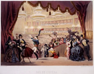 Maskeballet til Opera de la Rue Le Peletier i Paris Dette ballet ble kalt Grand Veglione. Litografi av Eugene von Guerard (1811-1901) Paris fra 1800-tallet, Musee Carnavalet