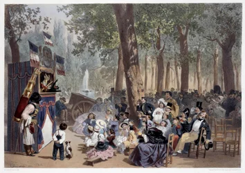 Visningen av guignolene på Champs Elysees i Paris på 1800-tallet. Trykk av Eugene Guerard (1821-1866) Paris fra 1800-tallet, Musee Carnavalet