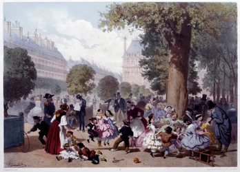 Utsikt over allee des foliants aux Tuileries i Paris Barn, barnehager og turgåere. Trykk av Eugene Guerard (1821-1866) 1856 Paris, Musee Carnavalet