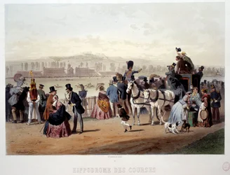Utsikt over veddeløpsbanen ved Bois de Boulogne Lithograph av Eugene Guerard (1821-1866) 1800-tallet. Paris, Musee Carnavalet