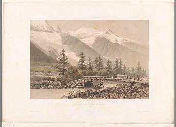 Utsikt over Chamonix-dalen med elven Arve Vue-pris dans la Vallée de Chamonix (tittel på objekt) Severdigheter i Sveits, Savoy og Tyrol (serietittel) La Suisse, la Savoie et le Tyrol (serietittel på objekt)