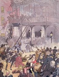 Brann ved Opera Comique, 25. mai 1887 (farge litho)