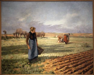 Å plukke løvetann. Maleri av Eugene Damaskus (1844-1899), olje på lerret. Fransk kunst
