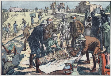 An English mission, commissioned by Earl Byron de Prorok (1896-1954), an archeologist, discovered the tomb of Tin-Hahan in the Hoggar. Illustration of Damblans. In “” Le Pelerin”” of 20 December 1925.