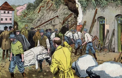 Liket av den amerikanske generalen Dunlop døde fordi han reddet fru Briant under kollaps av uthusene til Fariniere-slottet (Frankrike) tegnet av Damblans fra den franske avisen "Le Pelerin" 7. juni