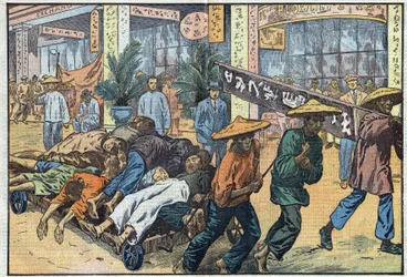 Borgerkrig mellom nasjonalister og kommunister i Kina: Etter den kommunistiske uroen i Kanton stables ofrenes lik på vogner. Illustrasjon ved Damblans. I «Le Pèlerin» av 4. mars