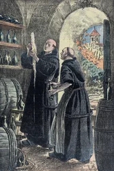 Dom Pierre Pérignon (1639-1715), benediktinermunk, oppfinner av prosessen for fremstilling av champagne. Illustrasjon av Damblans.