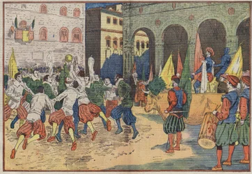 Florence, Italy: on the Place de la Seigneurie, a part of “calcio”, football of the 15th century, was reconstituted in a period costume. A beef was offered to the winning team. Illustration of Damblans. In “” Le Pelerin”” of June 8