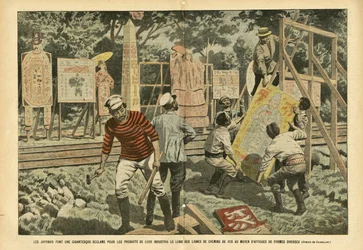 Illustrasjon av Eugene Damblans (1865-1945) i Le Pelerin, 03/09/05 - Japanerne gjør et gigantisk krav på industriens produkter langs jernbanelinjer med plakater i forskjellige former - Reklame, Japan, jernbanetog, plakater Plakater