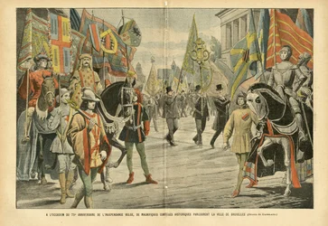 Illustrasjon av Eugene Damblans (1865-1945) i Le Pelerin, 06/08/05 - I anledning 70-årsjubileet for den belgiske uavhengigheten reiser storslåtte historiske kortejer gjennom byen Brussel - Belgia, Historie, Flagg, Brussel, Commemoratio