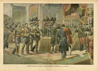 Illustrasjon av Eugene Damblans (1865-1945) i Le Pelerin, 03/04/04 - I Japan leder Mikado åpningssesjonen til parlamentet - Japan, House of Deputes Hemicycle, Mikado, intern arkitektur - Mikado