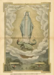 Illustrasjon av Eugene Damblans (1865-1945) i Le Pelerin, 04/12/04 - Mary immaculee viser seg for verden og bringer frelse til den - Religion Tro, katolsk katolisisme - Immaculee unnfangelse - Mary, Dragon - Skyer - Jorden