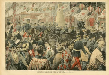 Illustrasjon av Eugene Damblans (1865-1945) i Le Pelerin, 05/11/05 - Den japanske admiralen Togos triumfinngang til Tokio - Armee, Japan, Crowd, Tokyo - Admiral Admirals, Togo Heihachiro (1848-1934), sivile