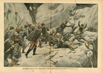 Illustrasjon av Eugene Damblans (1865-1945) i Le Pelerin, 06/03/04 - Et snøskred, ved Pare-passet, i Alpene, forårsaket flere dødsfall ved 157. infanteri - Ulike fakta, Armee, fjellklatring, infanteri , Alpene, Skred - Soldat