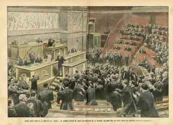 Illustrasjon av Eugene Damblans (1865-1945) i Le Pelerin, 06.11.04 - Etter å ha fornærmet paven og korset, fornærmet M. Combes M. Ribot som steg ned fra podiet, heiet av to tredjedeler av deputatene - Chamber of Deputeres Hemicycle, slåssing, retting