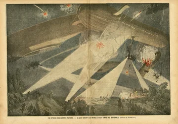 Illustrasjon av Eugene Damblans (1865-1945) i Le Pelerin, 24/11/07 - En episode av fremtidige kriger - Hva blir kampene i luftskipenes tid - Krig, Ballonger luftskip zeppelinere aerostation, Nocturne, Fighting