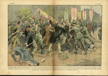 Illustrasjon av Eugène Damblans (1865-1945) i Le Pèlerin, 27/06/37 - Hakekorset mot Kristi kors i Hitlers Tyskland - Tyskland, Preussen, religion, tro, folkemengde, kamp, oppretting, hakekors, kristent kors, katolsk, katolisisme - Solgt