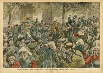 Illustrasjon av Eugene Damblans (1865-1945) i Le Pelerin, 27/10/07 - Forfølgelsen fortsetter I Finistere blir kurene fra deres prestegård utvist midt i den generelle følelsen - Religion Tro, Bretagne, Crowd, Catholic Catholicism, Finistere - S