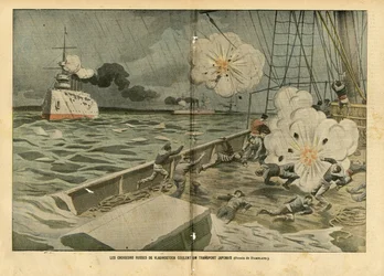 Illustrasjon av Eugene Damblans (1865-1945) i Le Pelerin, 28/02/04 - De russiske krysserne i Vladivostok senker en japansk transport - Armee, Maritime Marine Seaside, russisk-japanske krig, krigsskip, Vladivostok - Sjømenn, sjømenn