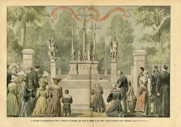 Illustrasjon av Eugene Damblans (1865-1945) i Le Pelerin, 29/05/04 - Golgata for protester reist i Treguier som svar på høytidene til Renan og som nettopp har blitt høytidelig innviet - Religion Tro, Bretagne, Treguier, katolsk katolisisme - Pro
