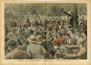 Illustrasjon av Eugène Damblans (1865-1945) i Le Pèlerin, 30/06/07 - Folkemengden fra Narbonnais hyller mannen fra Montpellier, herr Ferroul, hvis arrestasjon forårsaket blodige dager - Samfunn, vin, vinkrise, vinbondeopprør, Narbonne - Ernest Ferroul