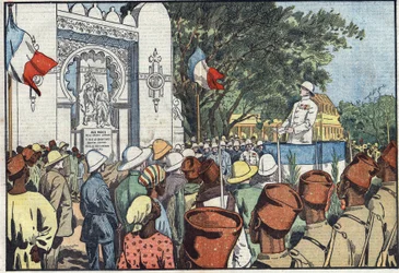 Innvielse i Dakar, av Andre Maginot (1877-1932), minister for kolonier, av monumentet til de tretti tusen døde i Fransk Vest-Afrika. Illustrasjon av Damblans. I "" Le Pelerin"" av 10. mars