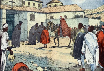 Monsignor Lepicier av Marias tjenereorden, erkebiskop av Tarsus, ble mottatt ved det koptiske klosteret Debre-Bizen i anledning et apostolisk besøk i Abessinia (Etiopia). Illustrasjon av svømming. I «Le Pelerin»» i august