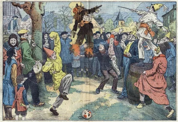Gamle skikker: kremeringen av "" karneval", på kvelden Mardi Gras (Mardi-Gras), representerer gledene og de kjæreste som er forlatt ved terskelen til Careme. Illustrasjon av Damblans. I "" Le Pelerin"" av 16. mars