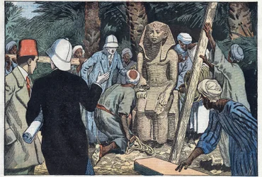 The French archeolgic mission discovers a statue of Sesostris III teenager who will be brought to the Louvre. Medamoud, ancient Thebes, Egypt. Illustration of Damblans. In “” Le Pelerin”” of November 22