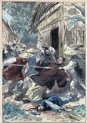 Den franske presten Berthollet (1865-1898), prest i Utenlandsmisjonene, ble myrdet av kinesiske nasjonalgardister nær byen Yun Ngan Cheou (Yun-Ngan-Cheou) den 21. april 1898. Illustrasjon av Damblans i «Le Pèlerin» av 10. juli
