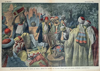 Den syriske regjeringens salg av varer fra Emir Faisal (1883-1923) i Damaskus, illustrasjon fra magasinet Le Pelerin, 20. november 1920