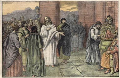 Ofringen av enken. Evangelium ifølge Markus, kapittel 12, v. 41-44. Illustrasjon av Damblans. I "" Le Pelerin"" av 28. juni