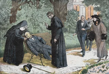 Theophile Delcassé (1852-1923), en fransk politiker døde av en emboli i hagen til eveche i Nice i 1923. Tegning av Damblans.