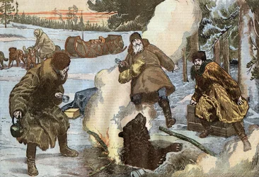 misjonærer tilbereder te mens en bjørn plutselig dukket opp fra is, illustrasjon av Damblans fra fransk avis "Le Pelerin" 23. august