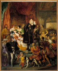 Fødsel av kong Henry IV den 13/12/1553 på Chateau de Pau Jeanne III, kjent som Jeanne d"Albret, føder den fremtidige kongen viser besøkende av sin far Antoine de Bourbon