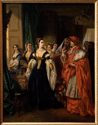 The Divorce of Henry VIII: Cardinal Thomas Wolsey (1475-1530) and Catherine of Aragon (1485-1536) in 1533 - Scene av stykket "The Famous History of the Life of King Henry the Eighth" av William Shakespeare - Maleri av Eugene Deveria (1808–1865)