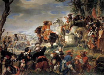 Ligakrigen i Augsburg (1689-1697): "" Slaget ved Marsaille vunnet av marechalen til Nicolas Catinat de La Fauconerie (1637-1712), 4/10/1693 (seier over de piemontesiske troppene til Victor-Amedee av Savoyen) assists Prince Eugene)"" Maleri av Eugene Dever