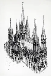 Isometrisk visning av en ideell katedral, tegning av Eugène Emmanuel Viollet-le-Duc (1814-1879) fra Ordbok over fransk arkitektur fra 11. til 16. århundre
