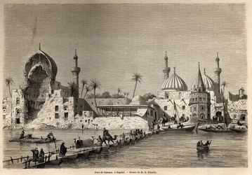 En båtbro i Bagdad, tegning av Eugène Flandin (1809-1876), som illustrerer hans reise til Mesopotamia i 1840-1842. Gravering i «Le Tour du Monde», 1861. Selvas samling.