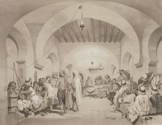 Cafe du Divan, Alger, fra et bind til minne om den franske ekspedisjonsstyrken som erobret Alger i 1830, gravert av Adolphe Jean-Baptiste Bayot (1810-66)
