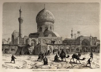 Marche-plassen og Ahmet Khiaia-moskeen i Bagdad, tegning av Eugene Flandin (1809-1876), for å illustrere hans reise til Mesopotamia i 1840-1842. Gravering i “” Le tour du monde”” 1861. Selvas samling.