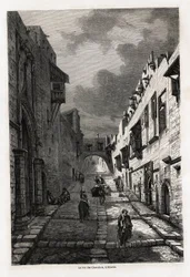 Rue des chevaliers, på Rhodos, tegning av Eugene Flandin, for å illustrere hans reise til øya Rhodos i 1844. Gravering i "" Le tour du monde", redigert av Edouard Charton